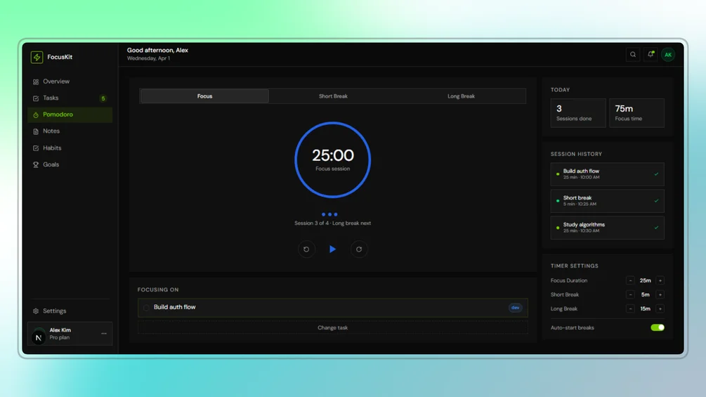 Image of FocusKit Dashboard — Productivity Dashboard Template (Next.js + Tailwind + shadcn/ui)