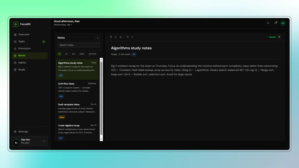 Image of FocusKit Dashboard — Productivity Dashboard Template (Next.js + Tailwind + shadcn/ui)