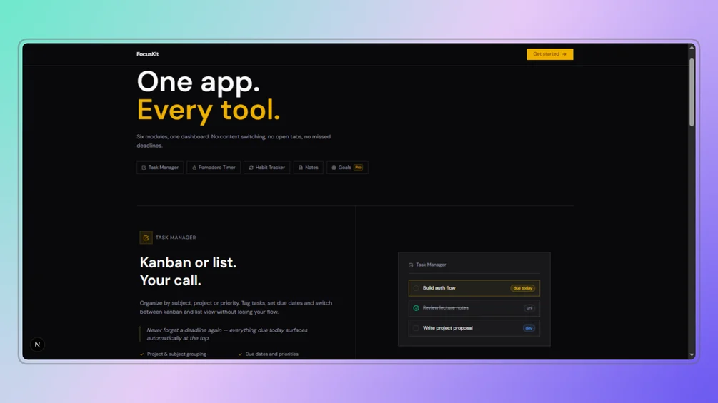Image of FocusKit — Productivity App Template (Next.js 16 + Tailwind v4 + shadcn/ui)